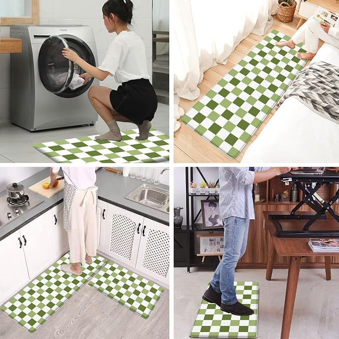 Bulijojo Green Plaid Anti Fatigue Kitchen Floor Mats Set of 2 Waterproof Kitchen Sink Runner Rug Standing Mat Cushioned Kitchen Rugs Comfort Doormat 17"x47"+17" x30“