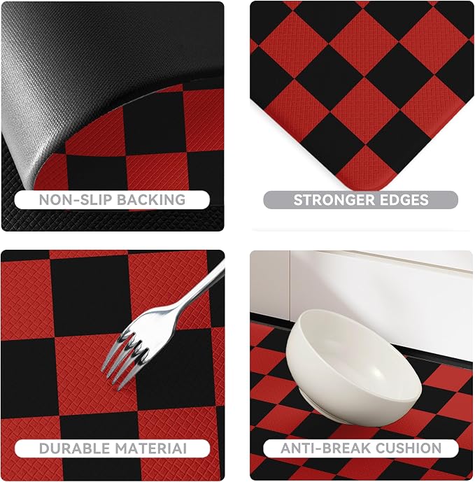 Black Red Christmas Checkered Grid Checkerboard Kitchen Rug Sets [2 PCs], Anti-Fatigue, Waterproof Non-Slip Kitchen Mats Heavy Duty Comfort Foam Rug for Kitchen, Floor, Laundry,17"x29"+17"x47"