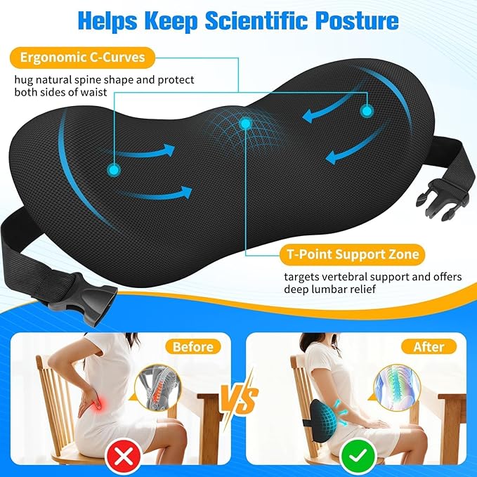 SweetSlubr Lumbar Support Pillow for Office Chair - Memory Foam Lumbar Pillow with Detachable Strap & Breathable Cover, Ergonomic Back Support for Office Chair, Car Seat Cushion, Bed Rest (Black)
