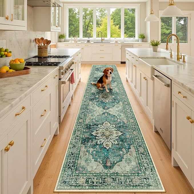 RELEANY Area Rugs Runner 3'x10' Washable Non-Slip, Floral Vintage Distress Medallion Carpet for Kitchen Hallway Bedroom Beside Laundry Room Bathroom, Dark Blue Vintage