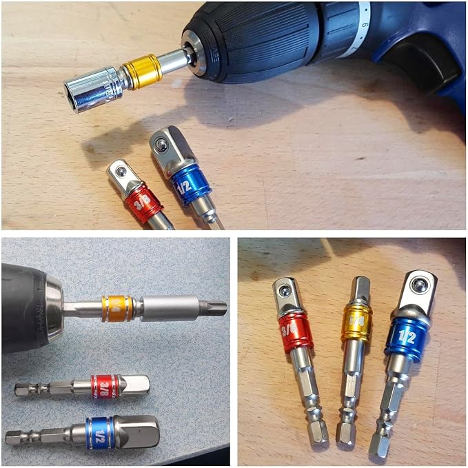 CIGOTU Impact Grade Socket Adapter/Extension Set Turns Power Drill Into High Speed Nut Driver,1/4-Inch Hex Shank to Drive for Adapters to Use with Drill Chucks, Sizes 1/4" 3/8" 1/2", Cr-V, 3-Piece