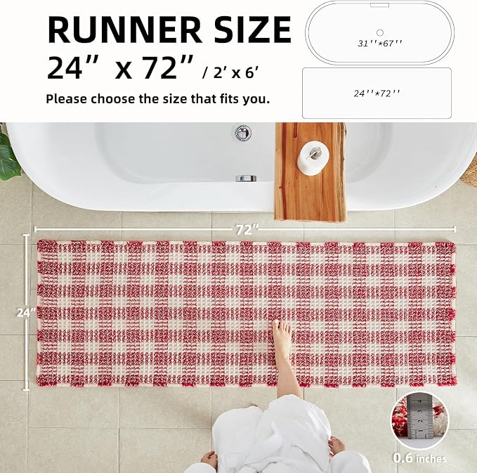 TYUU Waffle Runner Rug Bathroom, Long Boho Christmas Bathroom Rugs Non Slip Washable Absorbent Checkered Bathroom Mat Quick Dry Cute Bath Mat, 72"x24" Red and White