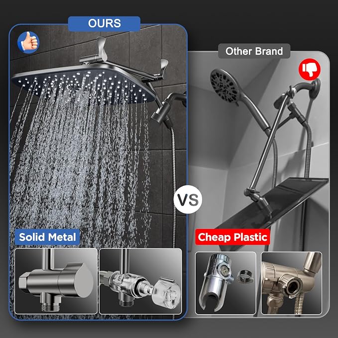 Veken 11.8" Rain Shower Head with Handheld, High Pressure Handheld Shower with Multi Spray Modes, Rainfall Combo with 15" Metal Extension Arm, Detachable Dual Shower, Bathroom Decor, Gunmetal Gray