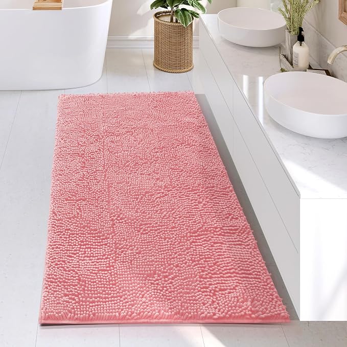 Hearth & Harbor Bathroom Rugs, Chenille Bath Mat - Machine Washable Bath Mats for Bathroom Non-Slip Backing Rubber, Quick Dry Bathroom Mat, 26 x 44 - Pink