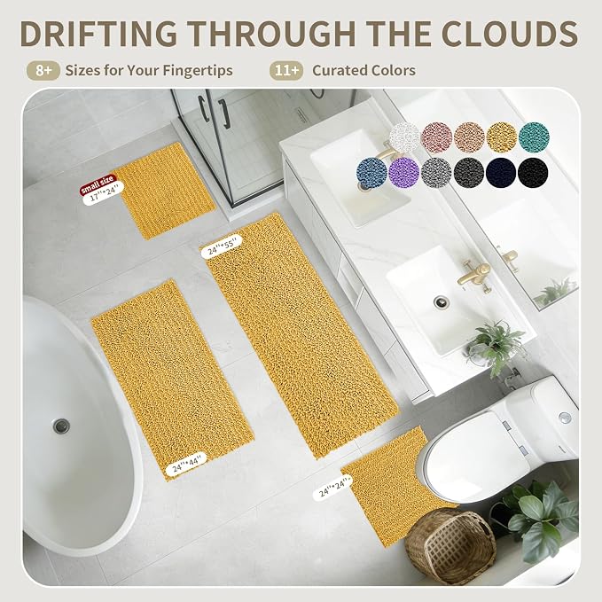Bathroom Rugs Non Slip Washable 60x24, Extra Thick Soft Chenille Absorbent Bath Mat, High Density Barrier Non Slip Backing, Quick Dry Plush Shaggy Floor Carpet for Tub&Shower, Yellow