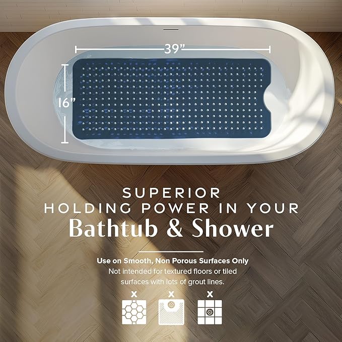SlipX Solutions Power Grip Bathtub Safety Mat | Precision Grip Technology for Longer, Stronger, & Softer Wet Surface Protection | Navy 39"x16"