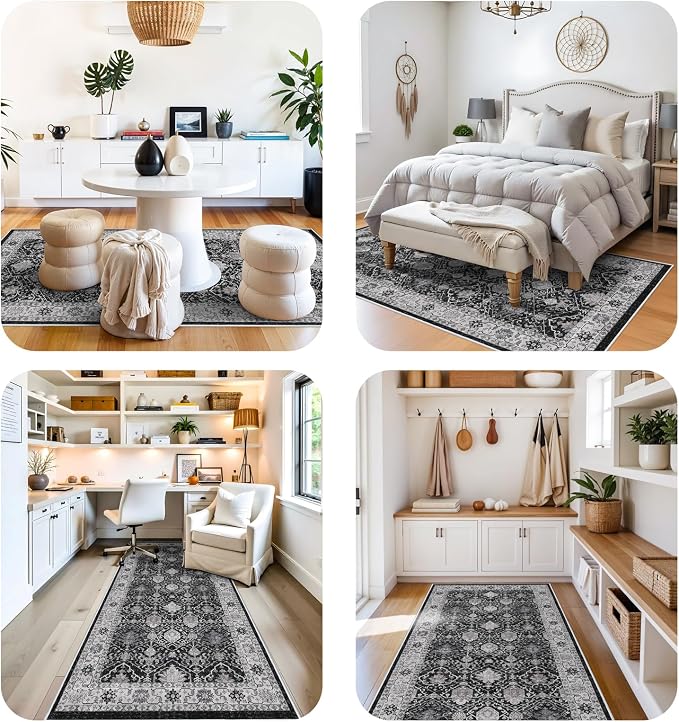 Washable 4x8 Hallway Runner Rug: Vintage 8ft Soft Runners for Entry Living Room Wide Low Pile Carpet with Non-Slip Backing for Kitchen Bedroom Thin Stain Resistant Floor Mat for Dining Room(Black,4x8)