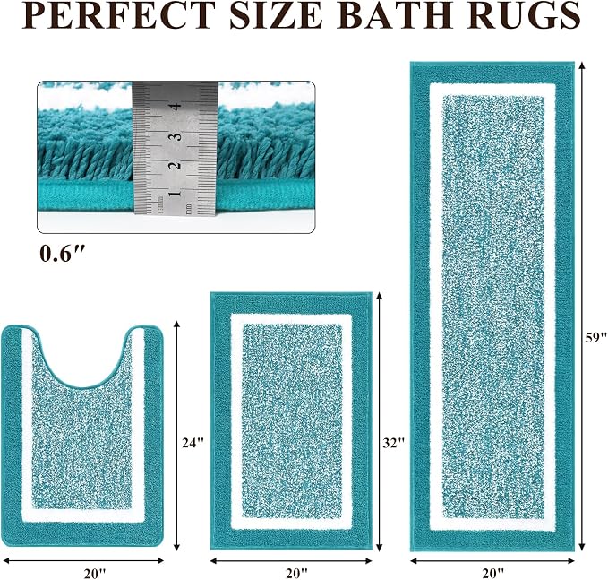 Pauwer Bathroom Rug Sets - 3 Piece Shower Rugs with U-Shaped Contour Toilet Mat, Absorbent Microfiber Plush Bath Mats, Non Slip, Machine Washable Shaggy Bathroom Floor Mats, Aqua Blue
