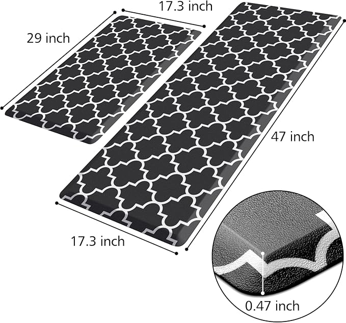 KMAT Kitchen Mat [2 PCS] 0.47inch Cushioned Anti-Fatigue Kitchen Rug, Waterproof Non-Skid Kitchen Mats and Rugs Heavy Duty PVC Ergonomic Comfort Standing Mat for Kitchen, Floor Home, Sink, Black
