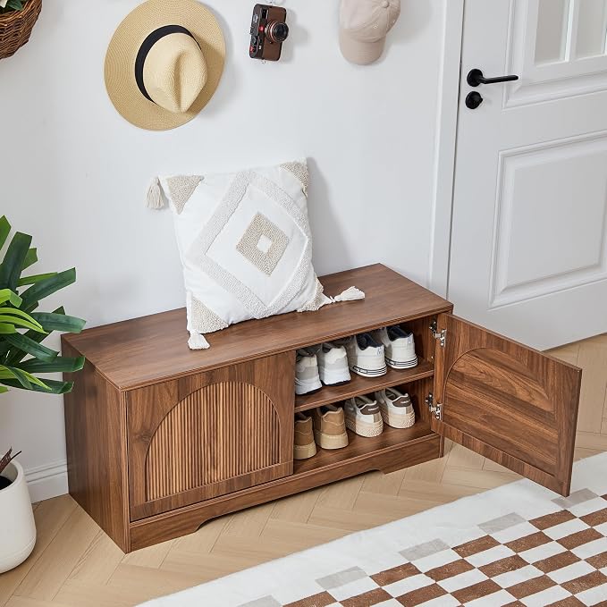 BERRYMERRY 39.4" Fluted Shoe Storage Bench for Entryway,2 Tier Shoe Cabinet Bench with Adjustable Shelf,Bench for Bedroom End of Bed (Walnut, 13.8”D x 39.4”W x 18.5”H)
