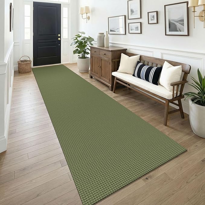 KOZYFLY 3x14 Runners Rugs for Hallway, Long Washable Runner Rug, Non Slip Rubber Backed Kitchen Runner, Flatweave Entryway Rug, Floor Carpet for Entry, Aisle, Hall, Olive Green/Earthy Green