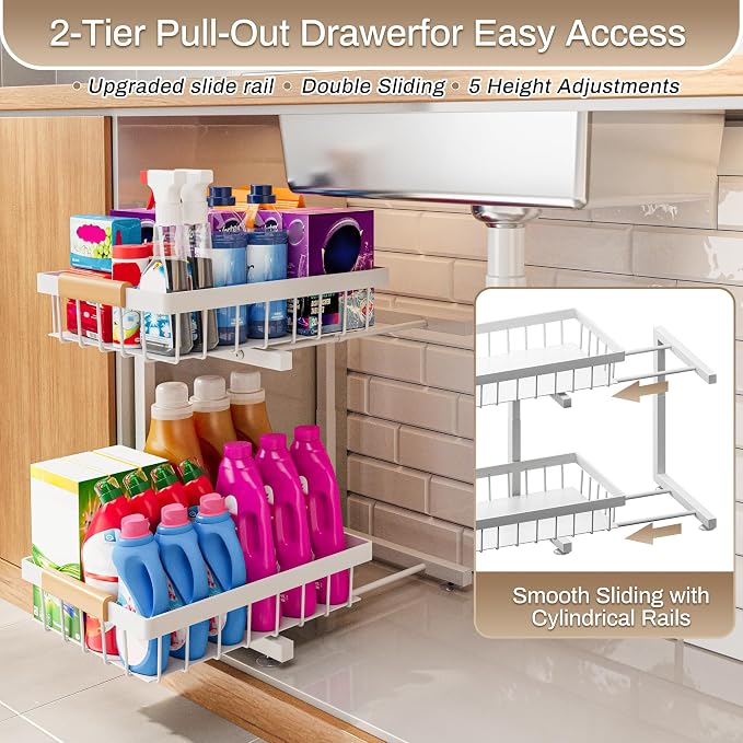 ADBIU Under Sink Organizer 2 Pack, Adjustable Height (11"-15.75") Under Cabinet Storage, 2 Tier Pull Out Sliding Drawers for Kitchen Bathroom, Heavy Duty Metal Shelf, White