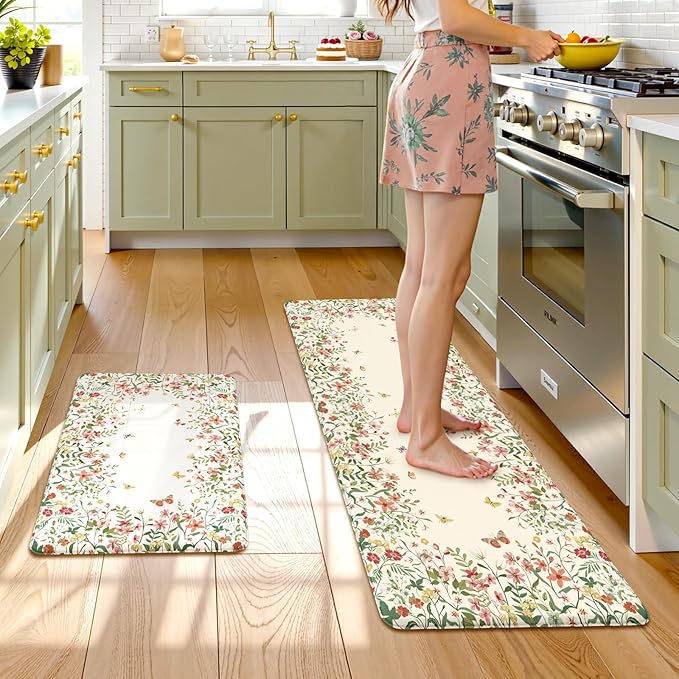 KIMODE Anti Fatigue Kitchen Mats for Floor 2 Piece, Beige Farmhouse Kitchen Rugs Sets of 2, Non Slip Waterproof Kitchen Floor Mats, Standing Mats for Laundry Office Sink Desk 20"x59"+20"x32"