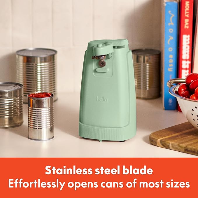 bella Electric Can Opener and Knife Sharpener, Removable Cutting Lever, Cord Storage, Stainless Steel Blade, Seaglass