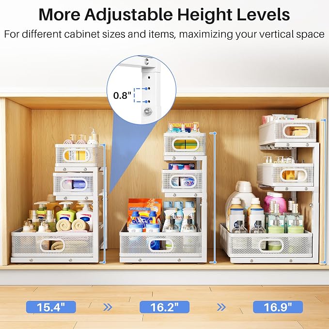Under Sink Organizer, 2-Pack 3-Tier Thickened Metal Pull out Cabinet Organizer Shelf, Height Adjustable Slide out Storage Drawer Rack for Kitchen Bathroom Pantry Laundry Home Organization, White