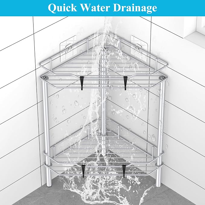 HuggieGems 2 Tier Floor Standing Corner Shower Caddy Organizer Shelf with Hooks, Bathroom Shelves Stand Rack, Silver