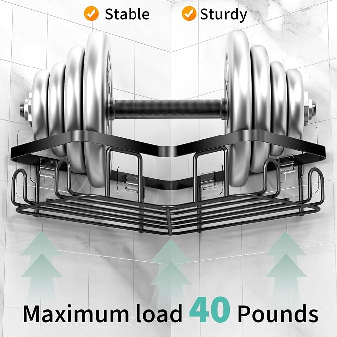 Moforoco Corner Shower Caddy Shelf Organizer Rack, Self Adhesive Black Bathroom Shelves Basket, Home Wall Shower Inside Organization and Storage Decor RV Accessories, First Apartment Essentials