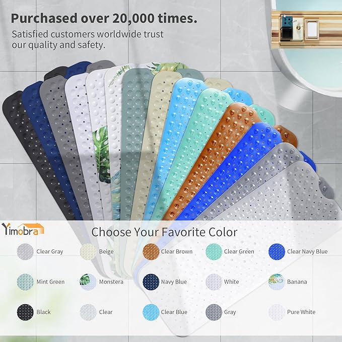 Yimobra Non Slip Bathtub Mat 40 x 16 Inch, Extra Long Shower Mat with Drain Holes, Machine Washable Baby Bath Mats, Strong Suction Cups for Bathroom Floor, Clear