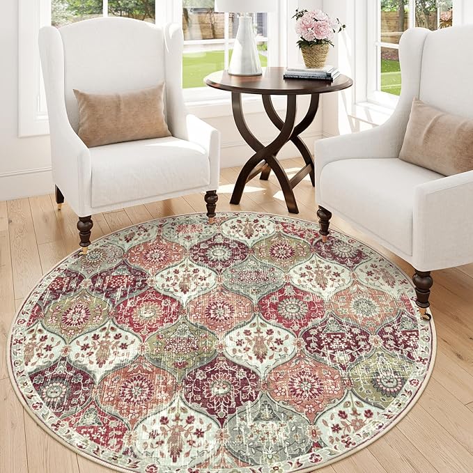 Lahome Moroccan Trellis Round Area Rugs, Washable Small Round Rug 3ft Non-Slip, Soft Vintage Ultra-Thin Circle Carpet for Bedroom Entryway Laundry Bathroom Elise, Orange/Terracotta
