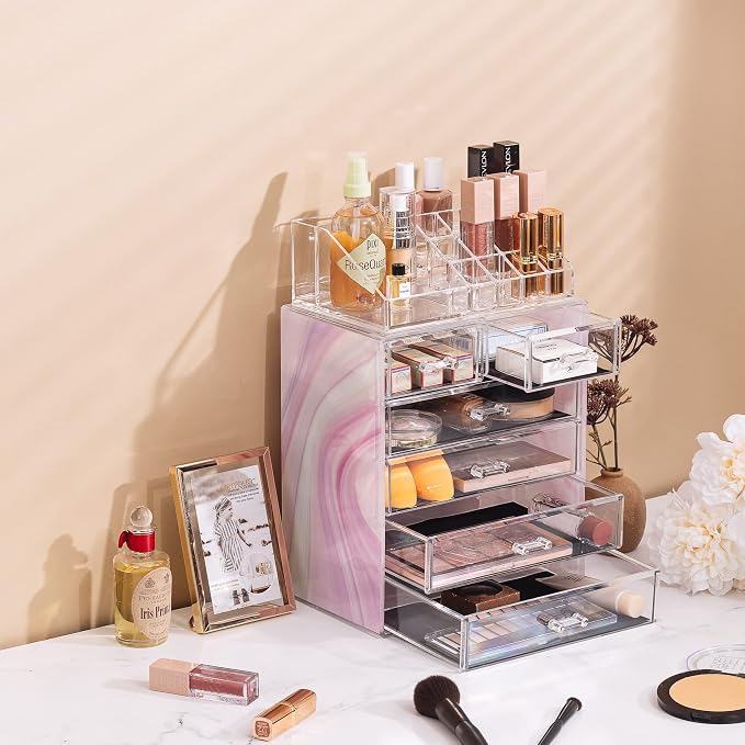 Sorbus Acrylic Makeup Organizer Set, 6-Drawer Vanity & Countertop Cosmetic Storage with Small & Wide Compartments, Tie Dye Makeup Storage for Brushes, Jewelry – Holiday Gift for Women & Teens