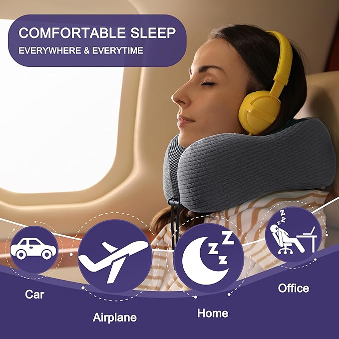 napfun Neck Pillow for Traveling, Upgraded Travel Neck Pillow for Airplane 100% Pure Memory Foam Travel Pillow for Flight Headrest Sleep, Portable Plane Accessories, Dark Gray