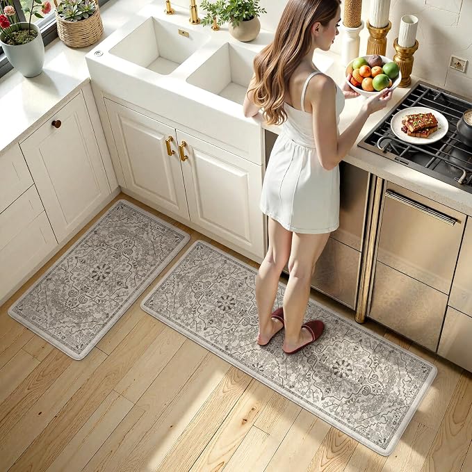 KIMODE Kitchen Mats Cushioned Anti Fatigue, Boho Vintage Grey Kitchen Rugs Sets of 2, Non-Slip Kitchen Mats for Floor, Padded Kitchen Floor Mat for Sink, Laundry, Office, Desk,17"x47"+17"x29"