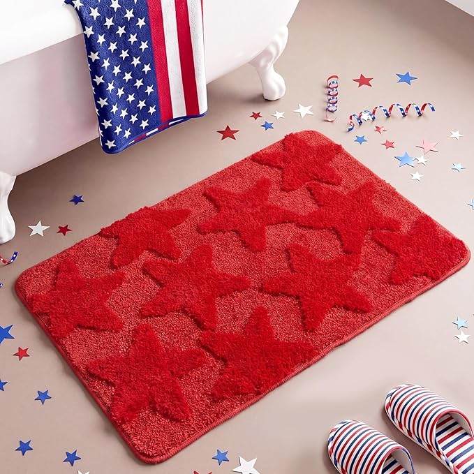 Capoda 1 Pcs Patriotic Bathroom Rug 20 x 30 Inch 4th of July Star Bath Mat Non-Slip Soft Microfiber 4th of July Shower Rug for Independence Day Home Kitchen Bathroom Entrance Decor(Star, Red)