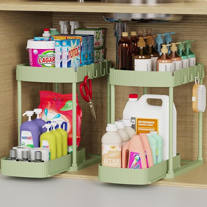 Ukeetap 2 Pack Multi-Purpose Pull-Out Storage Organizers, Under Sink Organizers and Storage for Bathroom & Kitchen, Under Cabinet Organizers and storage, 14.8 Inch, Green
