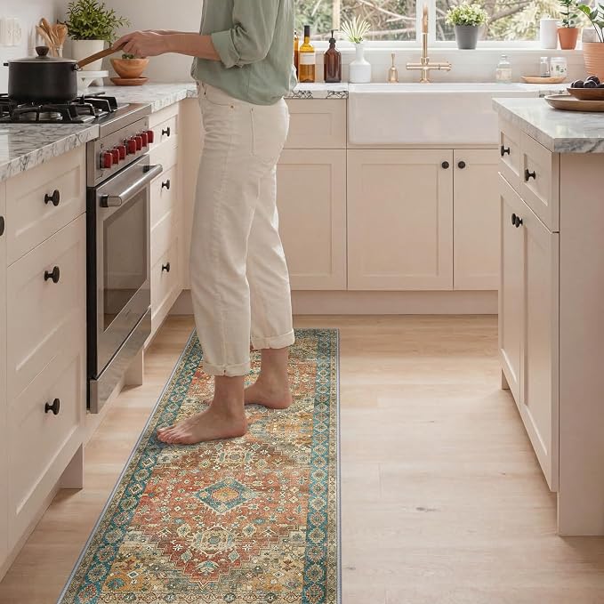 GENIMO Kitchen Rugs Non Slip Washable, 2PCS Kitchen Mats for Floor, Cushioned Standing Mat, Kitchen Runner Rug Floor Mat for Kitchen Decor, Laundry, Sink, Entryway, Home, 20"x32"+20"x59", Retrobrick
