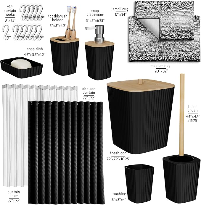 Clara Clark Bathroom Accessories Set - Bathroom Set, Bathroom Sets with Shower Curtain and Rugs, Shower Curtain Set with Bathroom Trash Can - Ombre Black - 22PC
