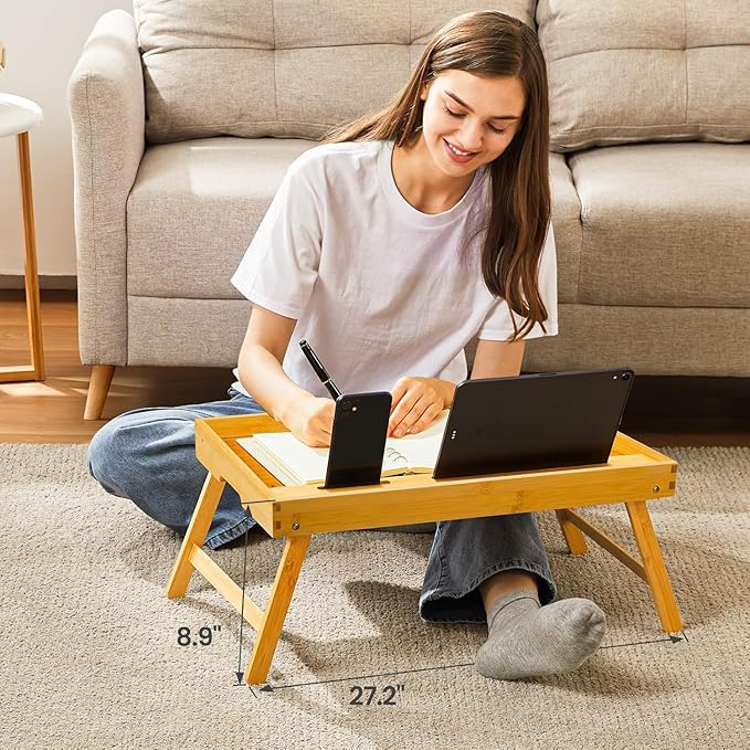 Bamboo Bed Tray Table, Large Breakfast Tray with Folding Legs, Multipurpose Serving Tray Use As Portable Laptop Snack Table, for Working, Eating, Reading by Pipishell