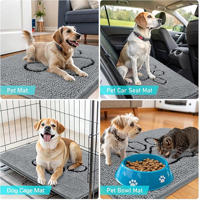 OLANLY Dog Door Mat for Muddy Paws 40x24, Paw Print Design, Absorbs Moisture and Dirt, Absorbent Non-Slip Washable Doormat, Quick Dry Chenille Mud Mat for Dogs, Entry Indoor Entryway Carpet, Grey