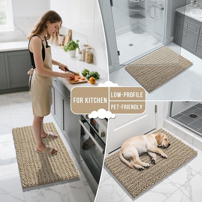 Yimobra Bathroom Runner Rug 60x24 Inch - Extra Long Non Slip Chenille Bath Mat, Soft & Absorbent, Machine Washable Shaggy Hallway Carpet for Vanity Tub Shower, Camel Home Decor Accessories