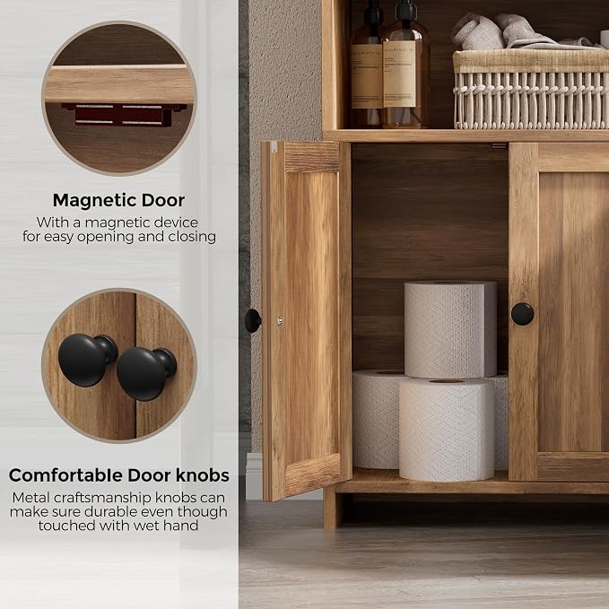 Homhedy Small Bathroom Storage Cabinet, Freestanding Toilet Paper Storage with 2 Doors and Shelves, Bathroom Organizers and Storage for Small Spaces, 7.9" D x 14.6" W x 31" H, Rustic Walnut