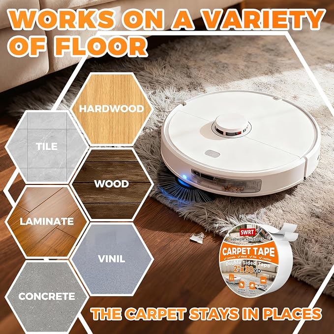 SWRT Carpet Tape Double Sided, 2 Inch x 30 Yards – Carpet Adhesive for Hardwood Floors, Heavy Duty Anti Slip Rug Grip Tape, Works as Rug Grippers, Residue Free, Wood Safe, Easy Removal for Tile