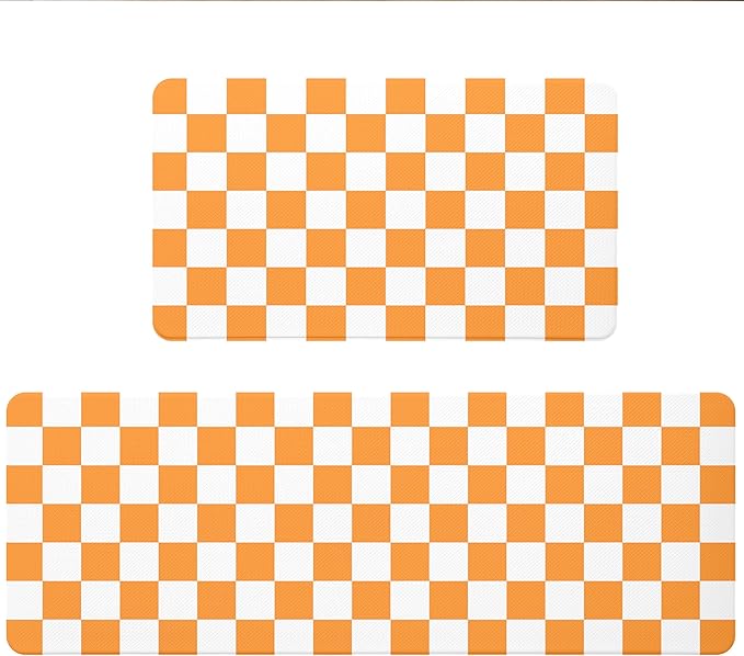 White Orange Checkered Grid Checkerboard Kitchen Rug Sets [2 PCs], Anti-Fatigue, Waterproof Non-Slip Kitchen Mats Heavy Duty Comfort Foam Rug for Kitchen, Floor, Laundry,17"x29"+17"x47"