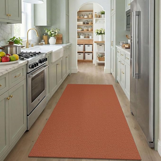 KOZYFLY Orange Washable 4x5 Entry Woven Area Rug, Braided Throw Rugs for Entryway, Non Slip Door Mat Indoor Entrance, Flatweave Carpet for Foyer, Bedroom, Dining, Office, Burnt Orange/Tan