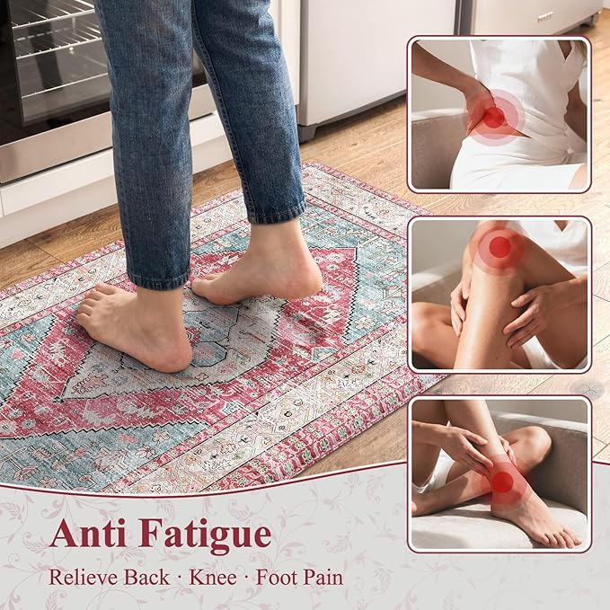 KIMDOE Kitchen Rugs and Mats 2 PCS Cushioned Anti Fatigue Kitchen Floor Mat Non-Skid Waterproof Kitchen Runner Rug Rose Red Laundry Room Rug Boho Desk Mat for Home Kitchen Decor, Floors, Office