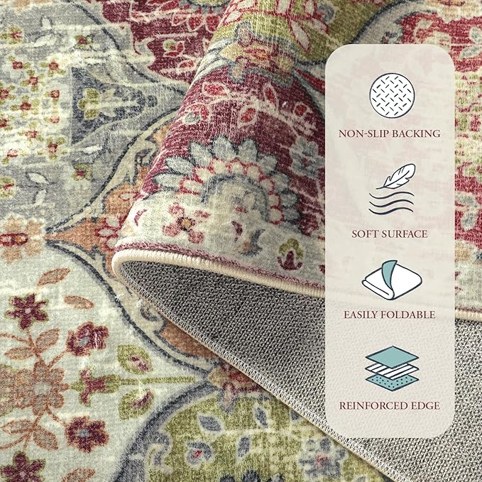Lahome Moroccan Trellis Round Area Rugs, Washable Small Round Rug 3ft Non-Slip, Soft Vintage Ultra-Thin Circle Carpet for Bedroom Entryway Laundry Bathroom Elise, Orange/Terracotta
