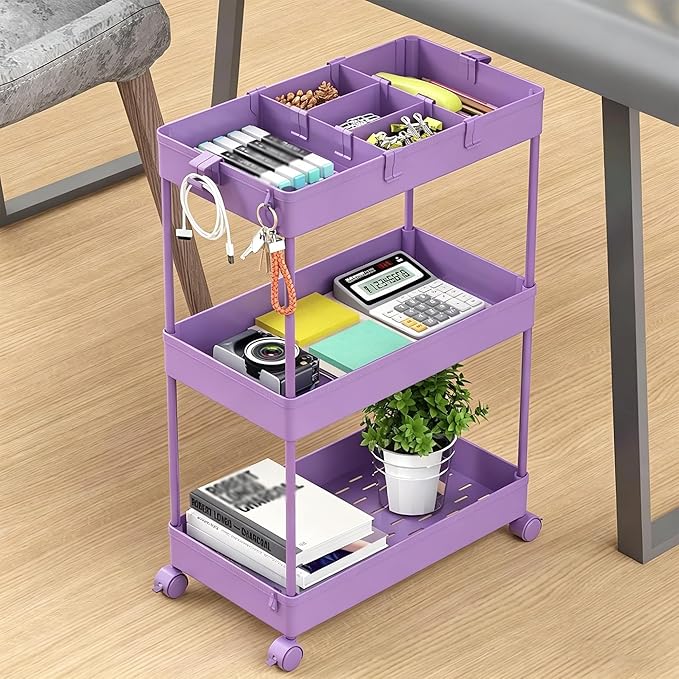 SPACELEAD Slim Storage Cart 3 Tier,Bathroom Organizer Rolling Utility,Mobile Shelving Unit Slide Out for Office, Kitchen, Laundry Room & Narrow Places,Purple