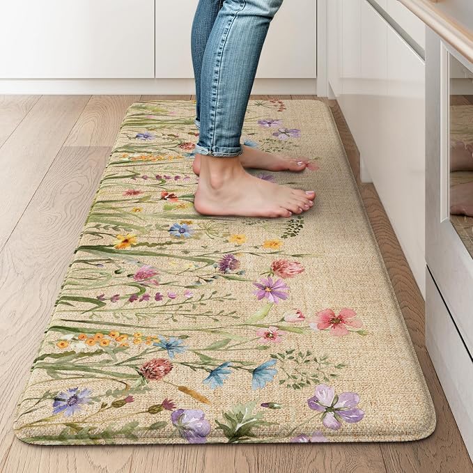 KIMODE Kitchen Mats for Floor Anti Fatigue, Boho Flower Kitchen Rug, Cushioned Kitchen Floor Mats, Comfort Standing Mat, Padded Kitchen Floor Mat for Sink Laundry Office Desk 20"x39" Brown