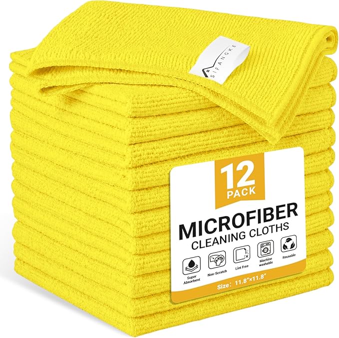 SIFANGKE Microfiber Cleaning Cloth, 12 Pack Yellow Cleaning Rags for Housekeeping, Reusable Microfiber Towels for Car, Kitchen, Bathroom and Household Cleaning Supplies, 11.8"X11.8"