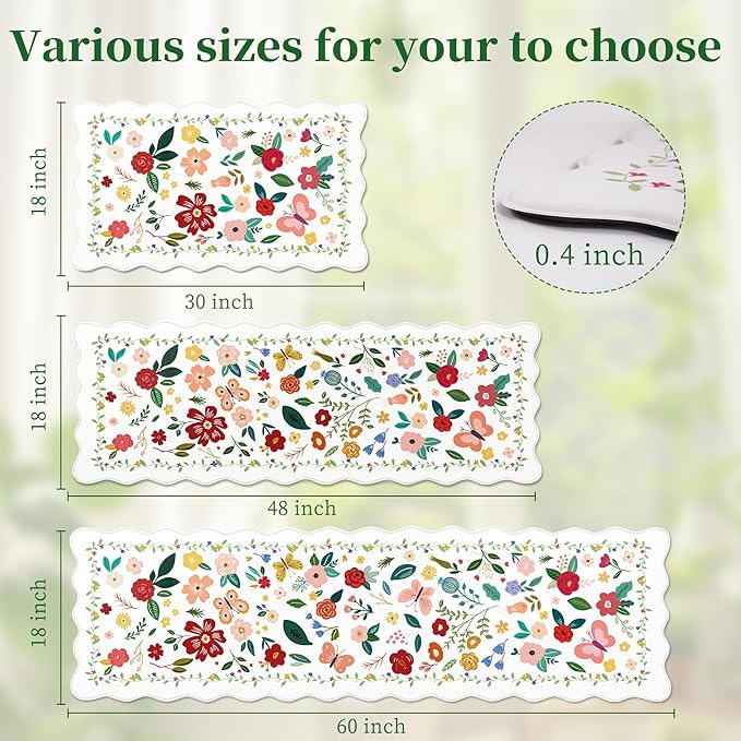 Kitchen Rugs Set of 3, White Vintage Floral Scalloped Anti Fatigue Mats, Cushioned Non Slip PVC Floor Rugs, Comfort Standing Kitchen Floor Mats for Sink Laundry Office Home, 18x30, 18x48, 18x60 Inch