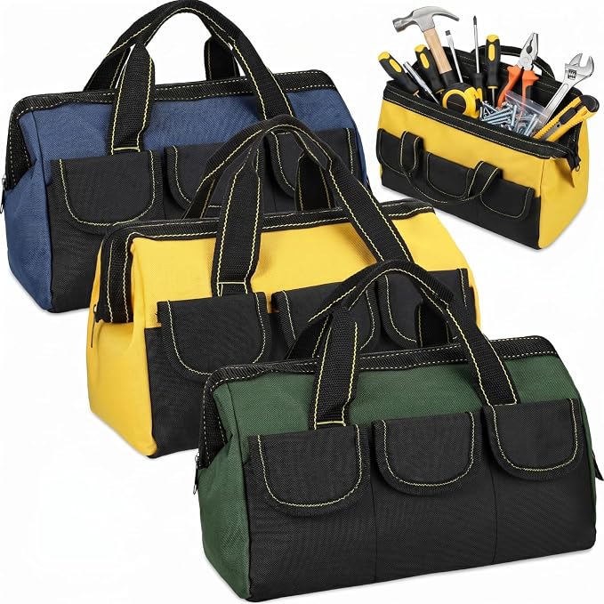 Sanwuta 3 Pack Tool Bag for Men with Waterproof Hard Bottom, Heavy Duty Tool Bag Wide Mouth Tote for Various Instrument, Electrician Carpenter Mechanic(Blue, Green, Yellow,16 Inch,Classic)