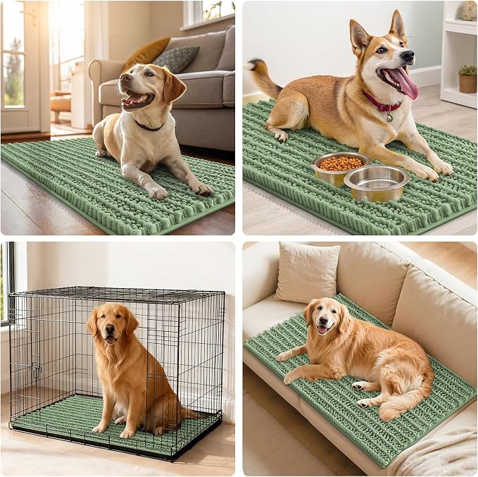Smiry Dog Door Mat for Muddy Paws 24x16, Absorbent Dirt Trapper, Non-Slip Washable Chenille Entryway Rug for Inside Floor, Olive Green, Layered Pattern