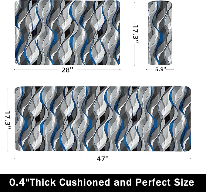Kitchen Mats for Floor Modern Abstract kitchen rugs Grey and Blue Stripe Anti Fatigue Kitchen Mats Waterproof Floor Mats Cushioned Non-Skid Standing Mats for Kitchen, Set of 2,17.3 x 28+17.3 x 47
