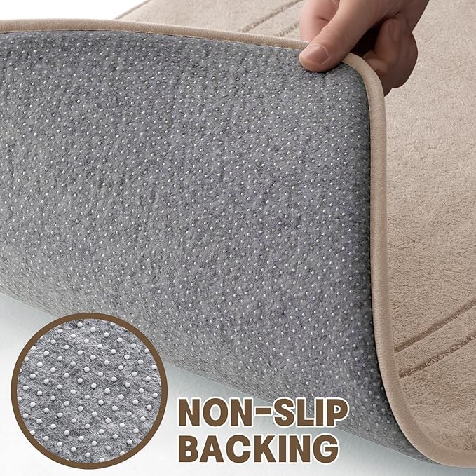 YIHOUSE Memory Foam Bath Mat Set, Bathroom Rugs Sets 3 Pieces, Non Slip Bath Mats for Bathroom, Super Soft and Water Absorbent Bath Rug Set, Machine Washable U Shape Toilet Rug,Beige