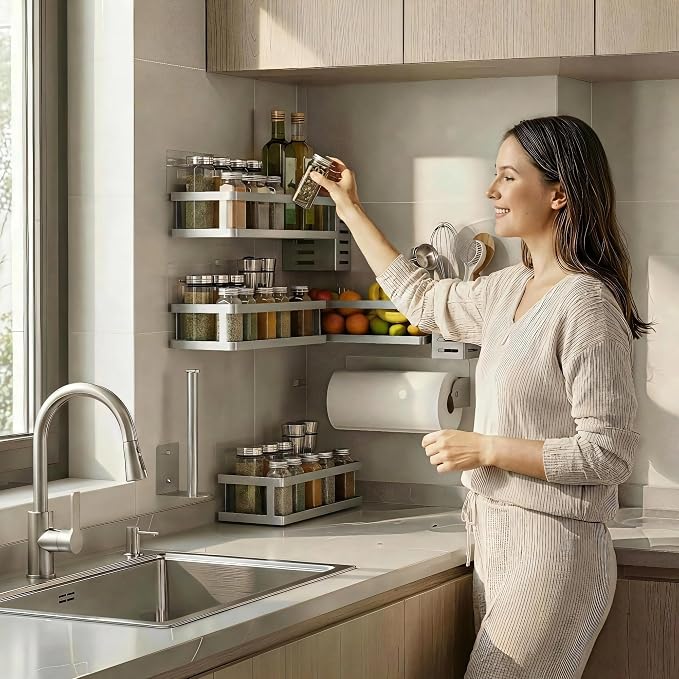 PUSDON 5-in-1 Shower Caddy & Kitchen Organizer Set, Wall Mount Wide Spice Rack with Paper Towel Holder, Utensil Holder, Soap Dish, Rustproof Mesh Baskets Hold 50LBS - Silver Gray, Guardrail