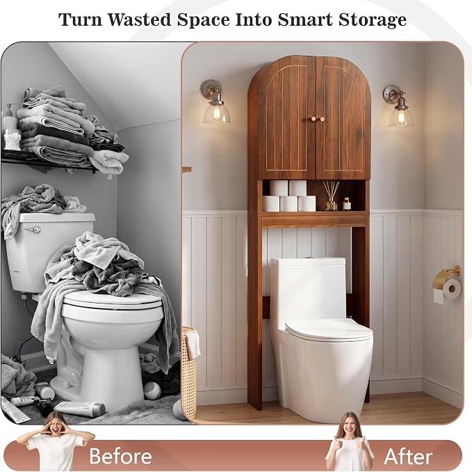 Over the Toilet Storage Cabinet, 70" Tall Bathroom Space Saver with Fluted Grooved Doors, Freestanding Over Toilet Organizer with Adjustable Shelves & Soft-Close Hinges for Small Bathrooms (Walnut)