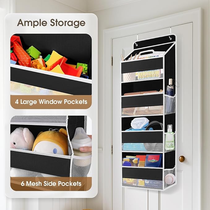 SpaceHacks 1 Pack Over The Door Organizer, Hanging Storage Organizer with Clear Window, 40lb Ultra Sturdy Large Capacity Room Organizer for Pantry Laundry Bathroom Nursery Closet (Black)
